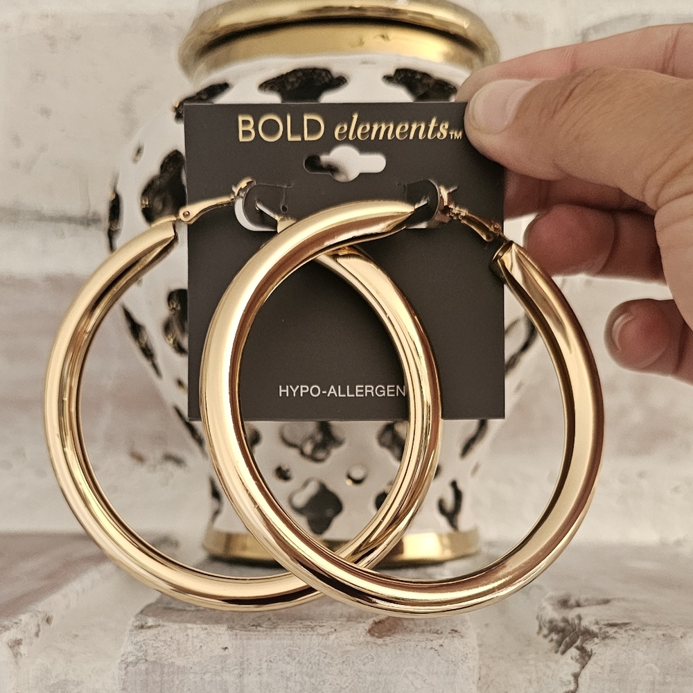 NWT Bold Elements Large  Hypoallergenic Gold Tone Hoops
